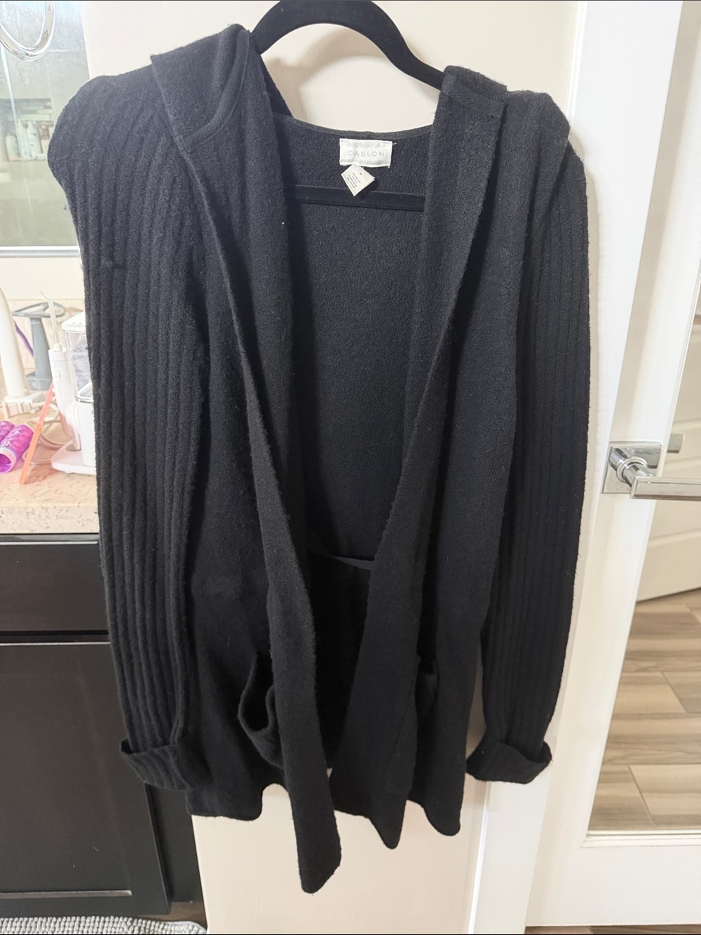Caslon Black Hooded Ribbed Women's Cardigan